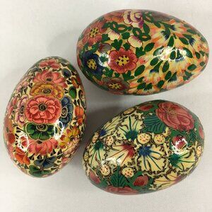 3 Vintage Floral Hand Painted Lacquered Decorative Colorful Kashmir Easter Eggs